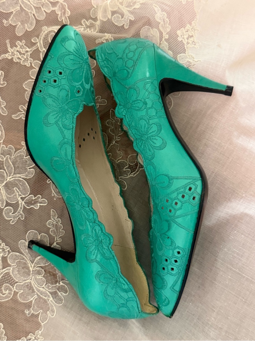 Teal Floral Embroidered Pointed Toe Heels - Women